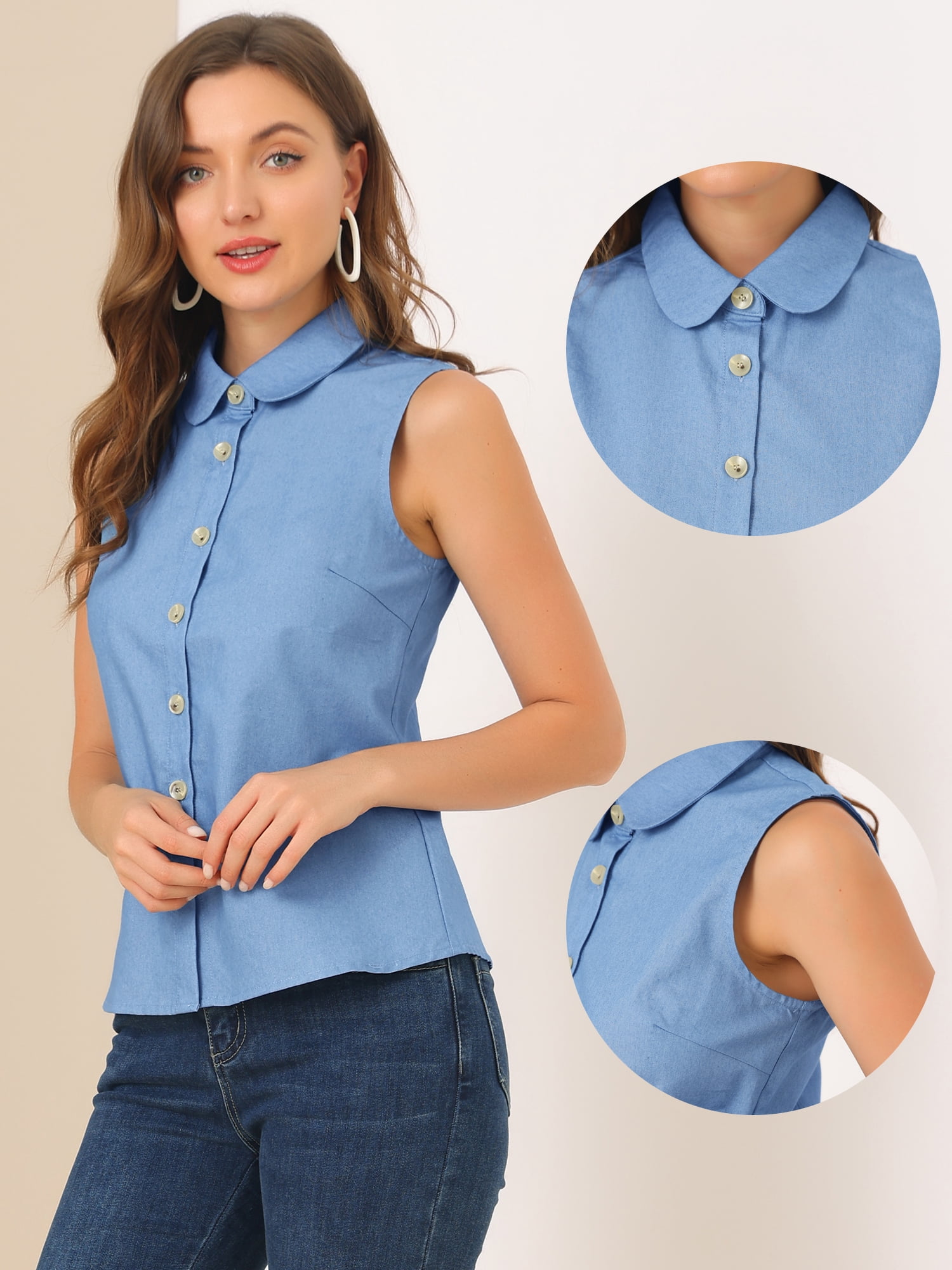 DARING DIVA Women's Casual Sleeveless Peter Pan Collar Chambray Shirt L Blue