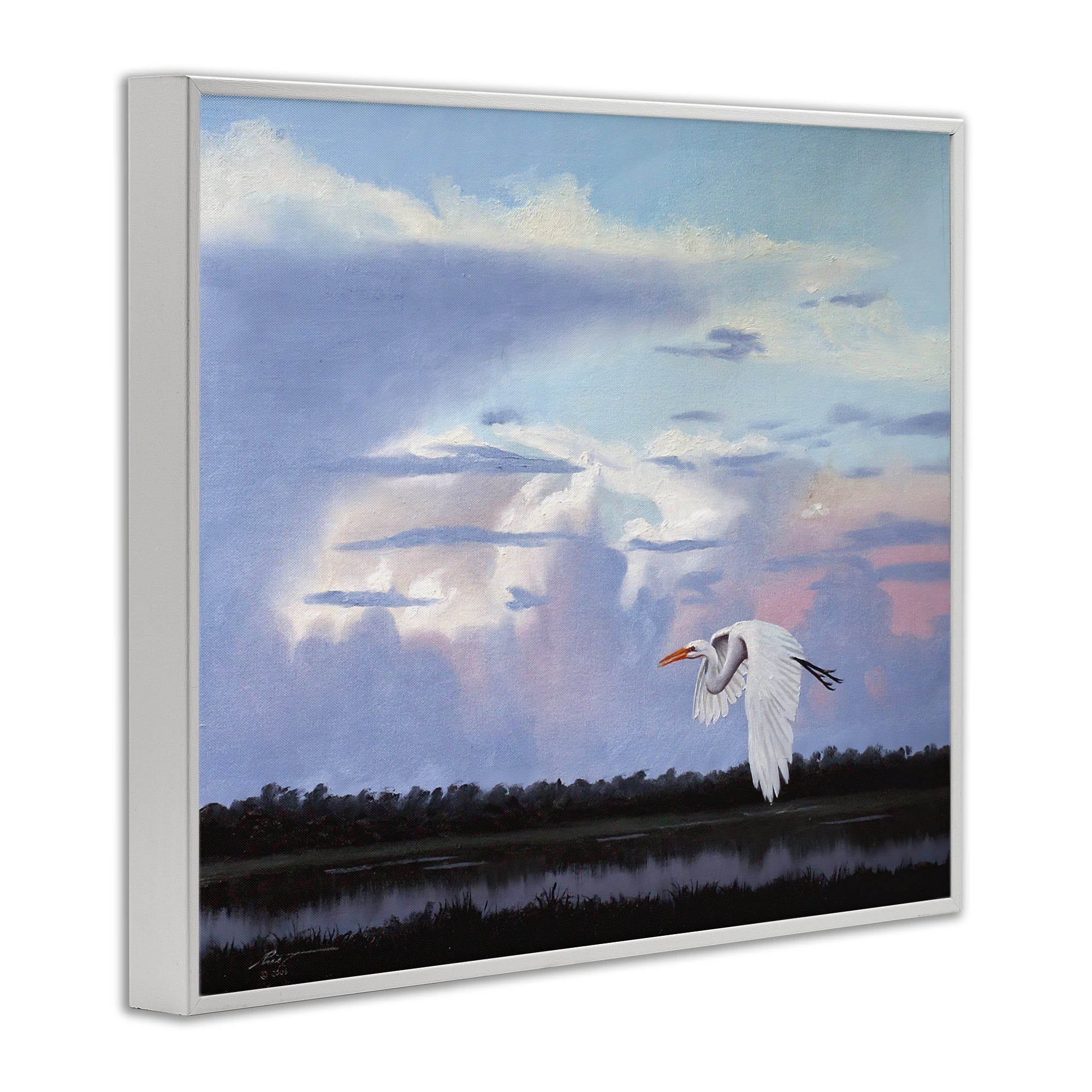 Stupell Industries Heron Flying Through Clouds Animals & Insects Painting White Framed Art Print Wall Art, 14 x 11