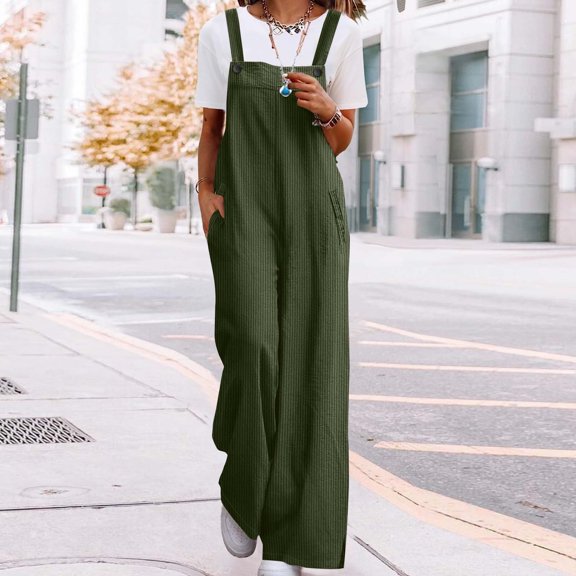 Sevevn Women's Fashion Solid Color Loose Adjustable Sleeveless Double Pocket Overalls Wide Leg Jumpsuit Overalls Army Green M Gift for Adults