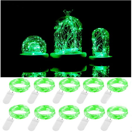 10 Pack Led Fairy String Lights 20 Pre-Installed+10 Replacement Batteries Included, 7.2ft/2.2m 20 Moon Starry LED on Silver Coated Copper Wire - 2 x CR2032 Battery Operated Lights (Green)