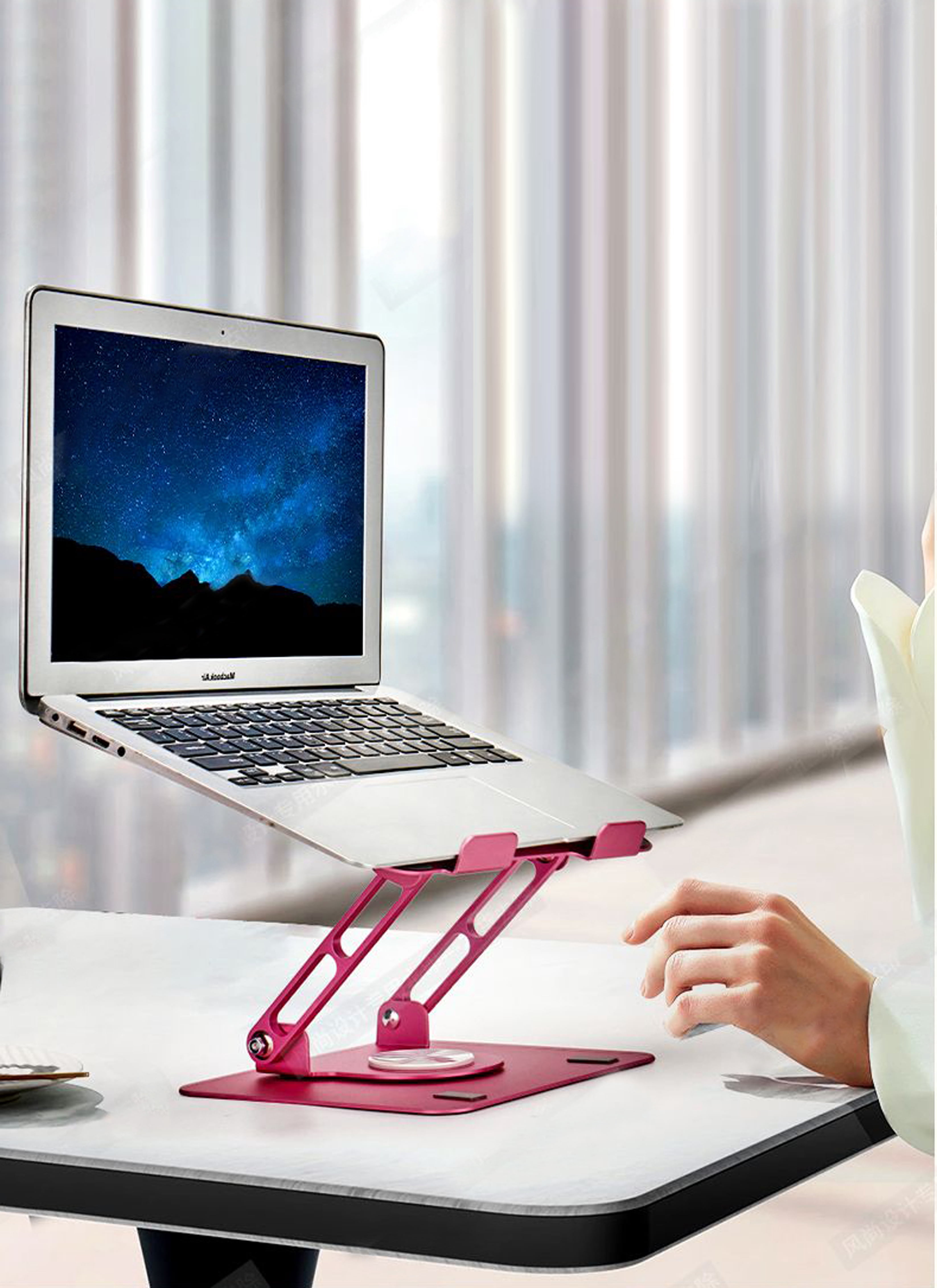 Swivel Laptop Stand for Desk – Adjustable Laptop Riser with 360° Rotation, Height & Tilt, Vented Metal Cooling Panel, Portable Folding Stand (RoseGold)