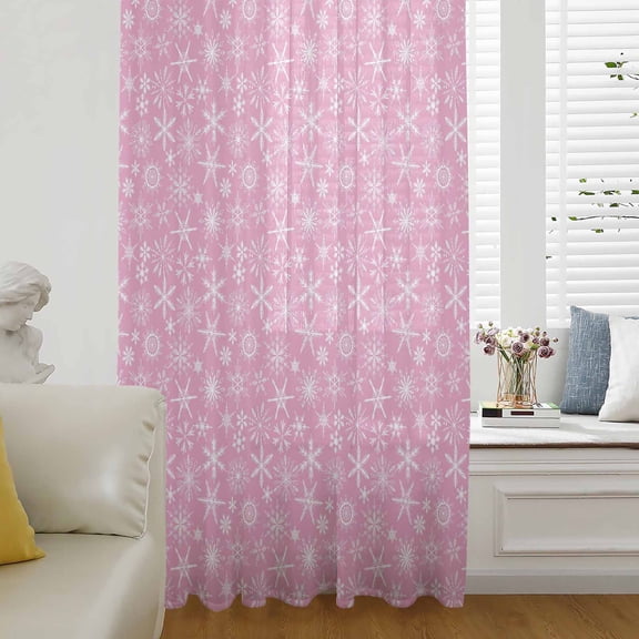 Pink Christmas Semi Sheer Curtains Drapes for Living Room, Bedroom, French Doors Window 45 Inches Long, Modern Winter Xmas White Snowflakes Rod Pocket Chiffon Curtain Drapery Voile Draperies Panel