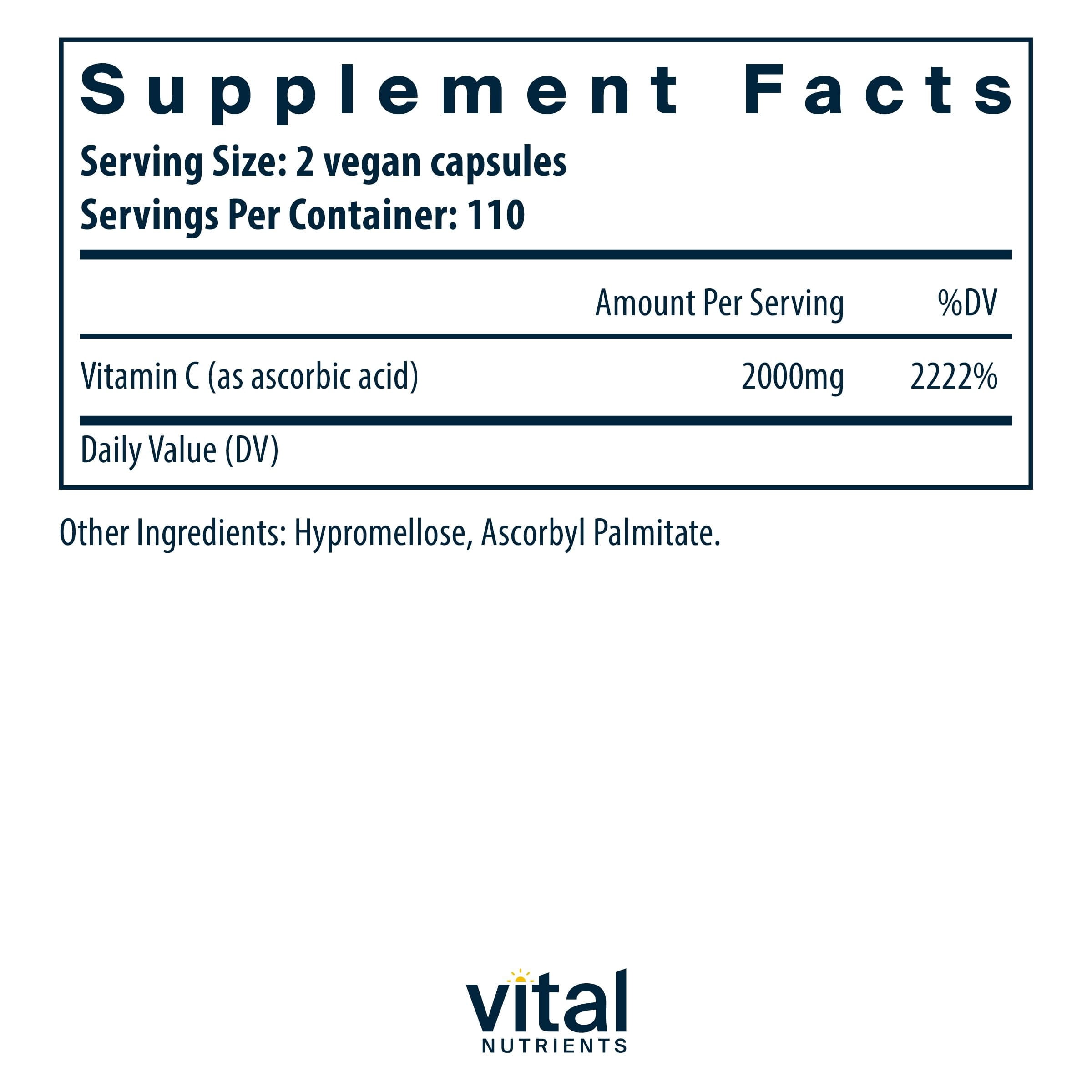 Vital Nutrients Vitamin C 1000mg (100% Pure Ascorbic Acid) | Vegan Antioxidant Supplement for Immune Support and Iron Absorption | Gluten, Dairy and Soy Free | Non-GMO | 220 Capsules