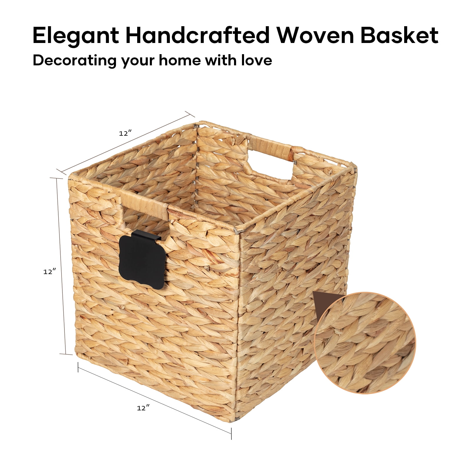 Wicker Storage Basket 12x12, Foldable Water Hyacinth Storage Baskets, Wicker Storage Cubes with Liners, Natural Seagrass Laundry Bin, Letter Boards and Chalk Marker Included, Set of 2