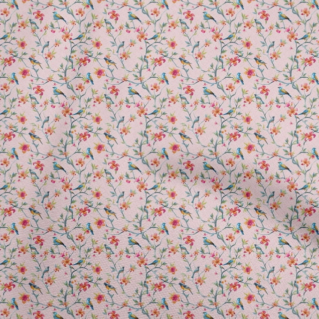 oneOone Cotton Poplin Light Pink Fabric Floral With Birds Craft Projects Decor Fabric Printed By The Yard 56 Inch Wide