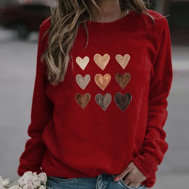 T-shirt de la Saint-Valentin pour Femmes 2024, Chandails à Col Rond, T-Shirts Décontractés avec Cœur, T-Shirts Graphiques Amples à Manches Longues, Chandails à Enfiler, Hauts Mode pour les Fêtes, T-Shirt