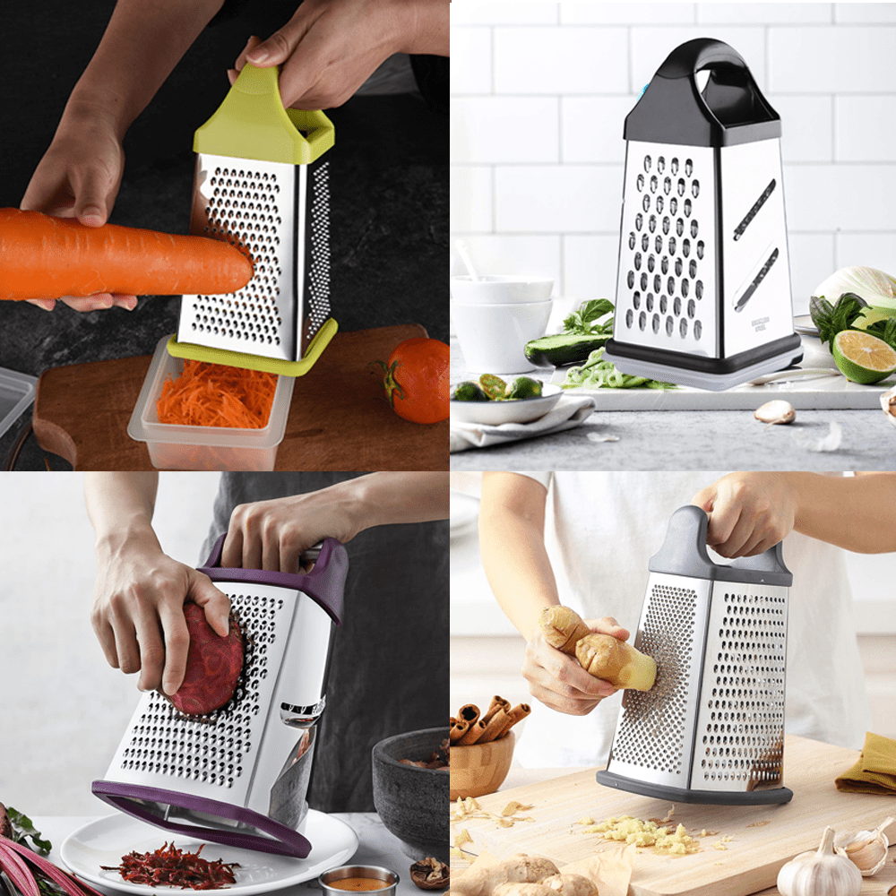  Rainspire Professional Box Grater, Cheese Grater Box for  Kitchen Stainless Steel with 4 Sides, Cheese and Spice Graters with Handle  for Vegetables, Ginger, Potatoes, Black: Home & Kitchen