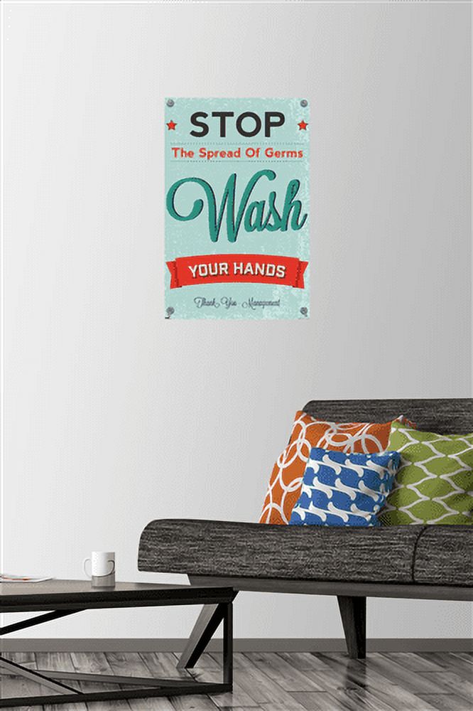 Stop The Spread of Germs - Wash Your Hands Wall Poster with Push Pins, 14.725" x 22.375"