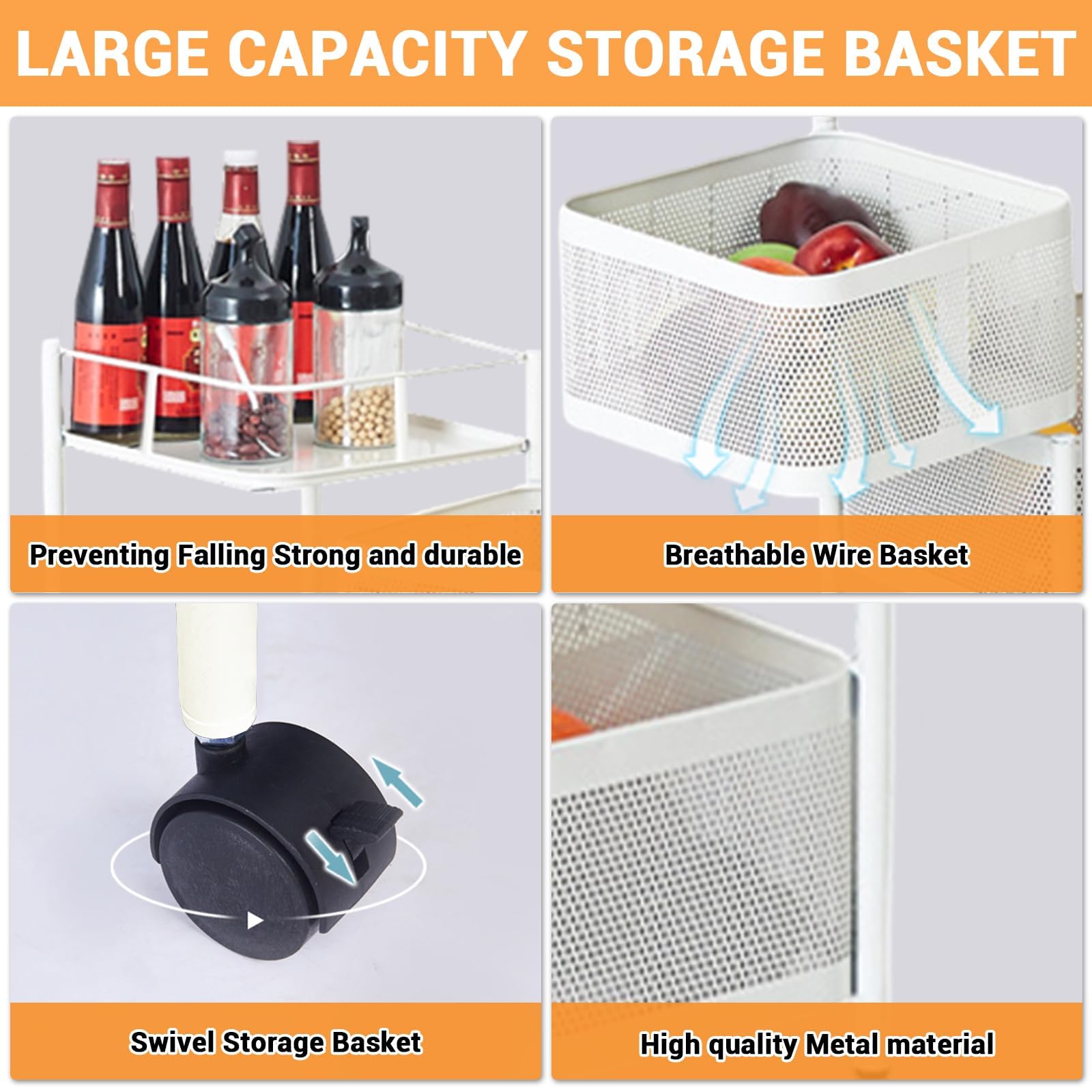 5 Tier Rotating Kitchen Storage Rack with Wheels, Metal Mesh Rolling Organizer Cart for Fruit Vegetable Snack Storage, White