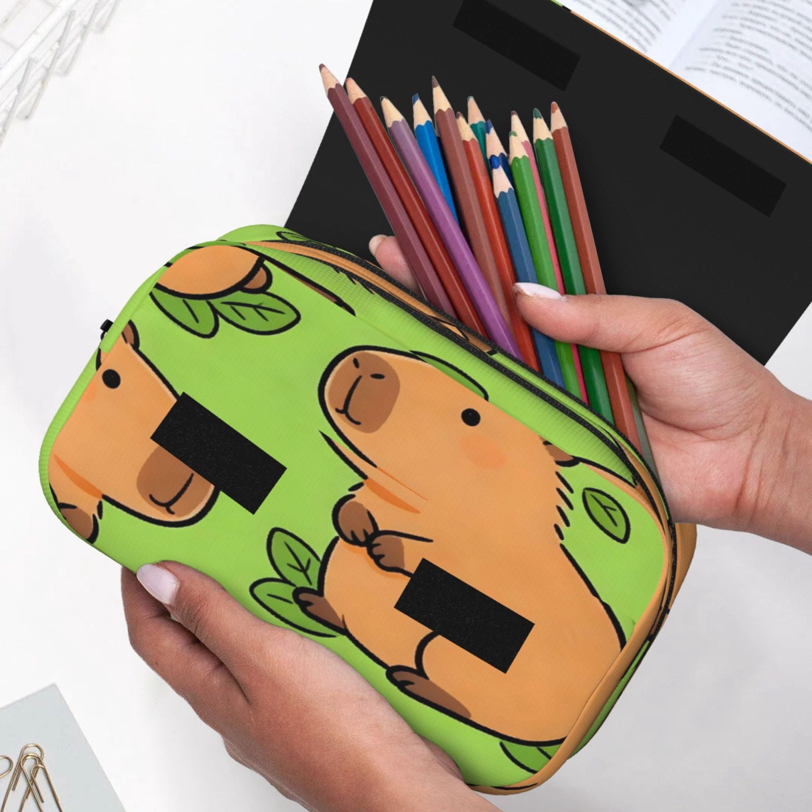 Large-Capacity Flip-Top Double-Layer Pencil Case, Multi-Functional Pocket Pen Case, Durable Stationery Organizer Capybara Leaves