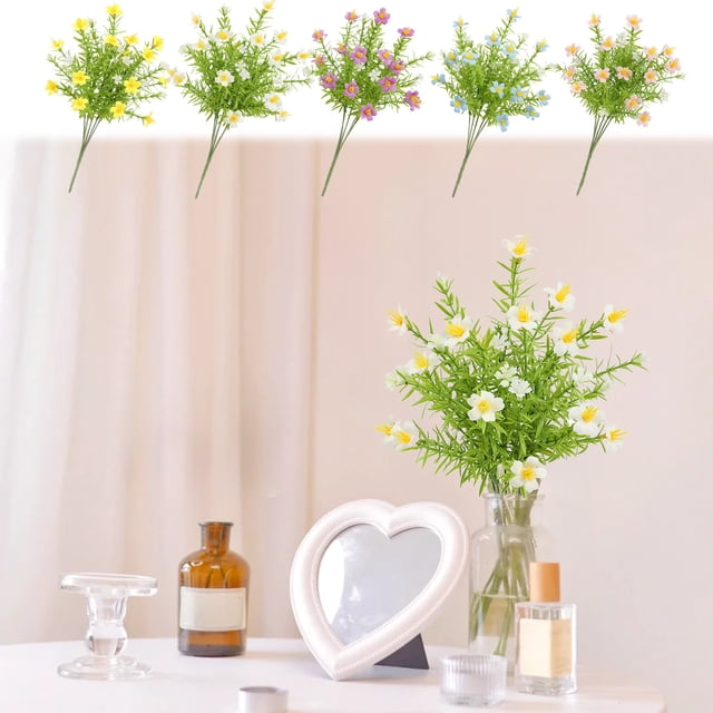 Flores de margaritas de césped acuático artificial - Plantas verdes de plástico con 5 tenedores para decoración del hogar, arreglo floral artificial de 13" de altura