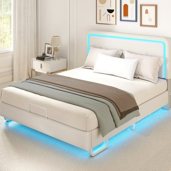 Anyact Queen Bed Frame with LED Lights, Height Adjustable Headboard, Upholstered Headboard with Teddy Velvet Removable Pillow for Bedroom, Queen Size Solid Wood Slats Support, Off White