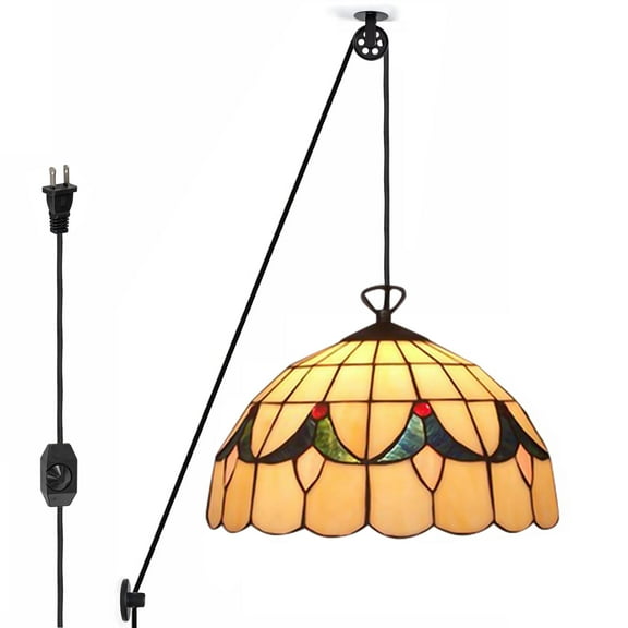 Kiven Plug in Tiffany Pendant Light, Pulley Hanging Light with Iron Lampshade and 15FT Plug-in Cord, Dimmable Ceiling Pendant Light for Bedroom Hallway Foyer Kitchen Island,1-Light