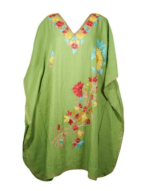 Mogul Women Green Floral Caftan Dress V-Neck Kimono Resort Wear Mid Length Cover Up Resort Wear Kaftan 2XL