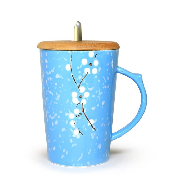 Ceramic Mug Sakura Floral Design with Spoon and Wood Lid