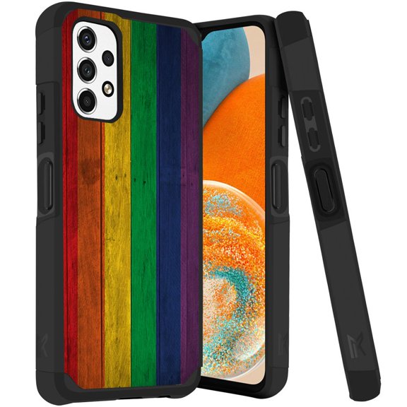 ANJ  Rugged Dual Layered Shockproof Slim Hybrid Case   Tempered Glass Cover Compatible with Samsung Galaxy A23 5G - Rainbow Flag on Wood