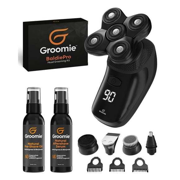 GROOMIE No Hair, Don't Care Bundle - 5D BaldiePro Electric Head Shavers for Bald Men, Natural Pre-Shave Oil to Promote Close Shave, & Natural Aftershave Serum - Mens Hea
