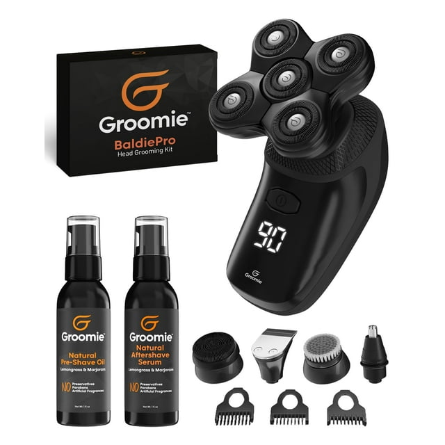 GROOMIE Sans Cheveux, Ensemble Sans Soin - Rasoirs Électriques 5D BaldiePro pour Tête Chauve pour Hommes, Huile Pré-Rasage Naturelle pour Favoriser le Rasage de Près, et Sérum après-Rasage Naturel - Mens Hea