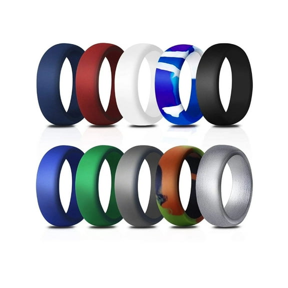Jinswick 10Pcs Silicone Wedding Rings for Men, Rubber Engagement Bands 8.7mm Wide 2mm Thick - Size8 9 10 11 12 13 14 Breathable Multi-Piece Set