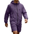 thumbnail image 2 of ZsaeSM Men 2 Piece Outdoor Outfit Sets Full‑Zip Hooded Windbreaker Jacket & Multi‑Pocket Cargo Shorts Casual Summer Suit Purple L, 2 of 8