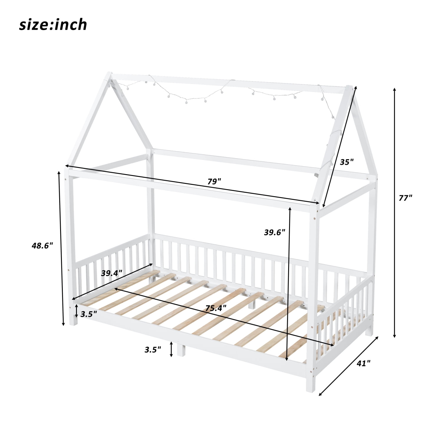 Harper & Bright Designs Wood House Bed Twin Size Floor Bed with Fence, Twin Montessori Bed Frame with LED Light for Girls & Boys, White