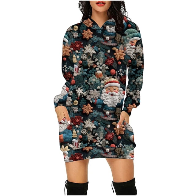 Jsaierl Robe Sweat à Capuche de Noël Robe de Fête à Manches Longues Imprimé Flocon de Neige Arbre de Noël Mode Automne pour Femmes