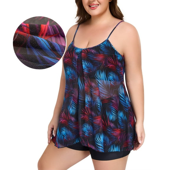 RELLECIGA Women's Adjustable Straps Mesh Tankini Swimsuit 2 piece Bathing Suits Plus Size Swimwear with Swim Shorts