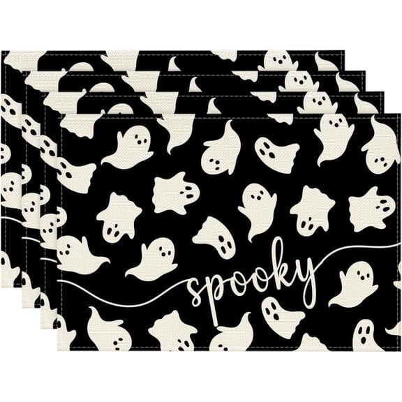 Black Ghost Spooky Halloween Placemats Set of 4, 12x18 Inch Seasonal Table Mats for Party Kitchen Dining Decoration