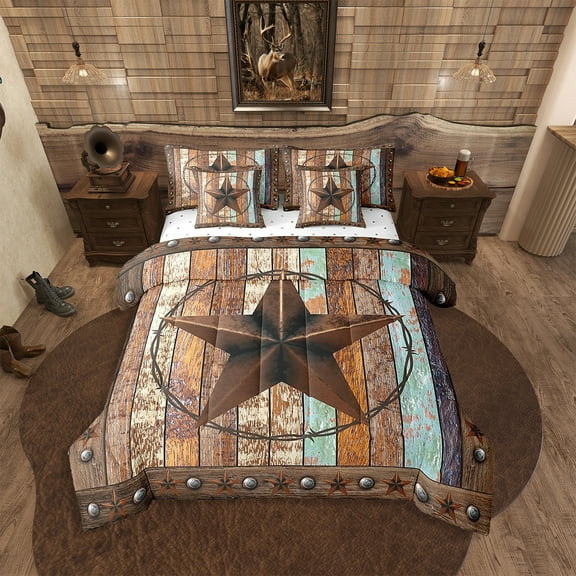 7 Pieces Full Size Western Texas Star Comforter Set,Vintage Wooden Plank Bedding Set,Rustic Farmhouse West Cowboy Brown Retro(Comforter Fitted Flat Sheet 2 Pillowcases 2 Throw Pillow Covers)
