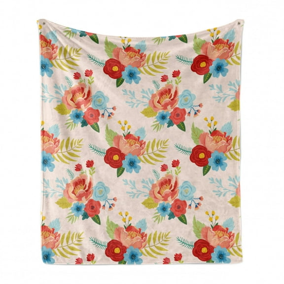 Botanic Soft Flannel Fleece Throw Blanket, Pastel Flower Buds Meadow Bouquets Peony Poppy Daffodil Blossoms Spring Pattern, Cozy Plush for Indoor and Outdoor Use, 50" x 70", Multicolor, by Ambesonne