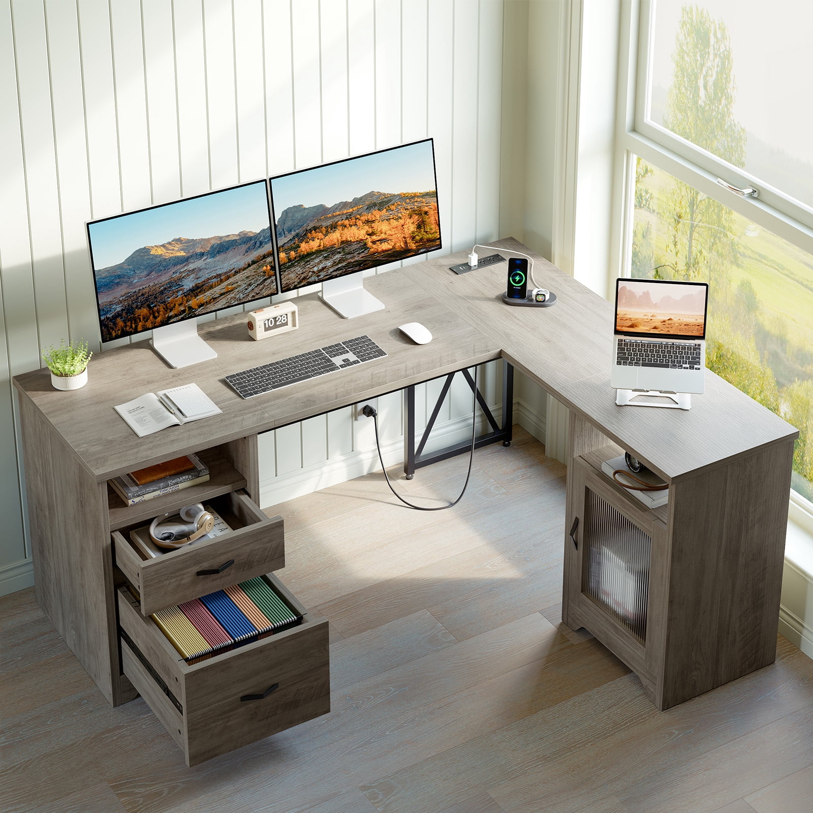 Bestier Farmhouse L Shaped Desk with Drawers, 63"Office Computer Desk with Charging Station & Fluted Storage Cabinet, Corner Desk with File Drawers, Modesty Panel for Home Office, Grey