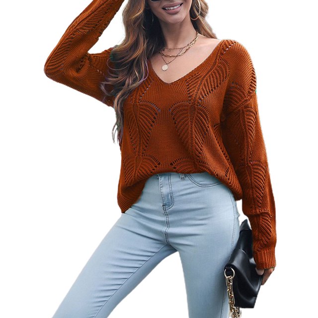Ropa de Otoño de las mujeres Otoño Invierno Moda Color Sólido Hueco V-Cuello Manga Larga Suéter de Punto Ropa