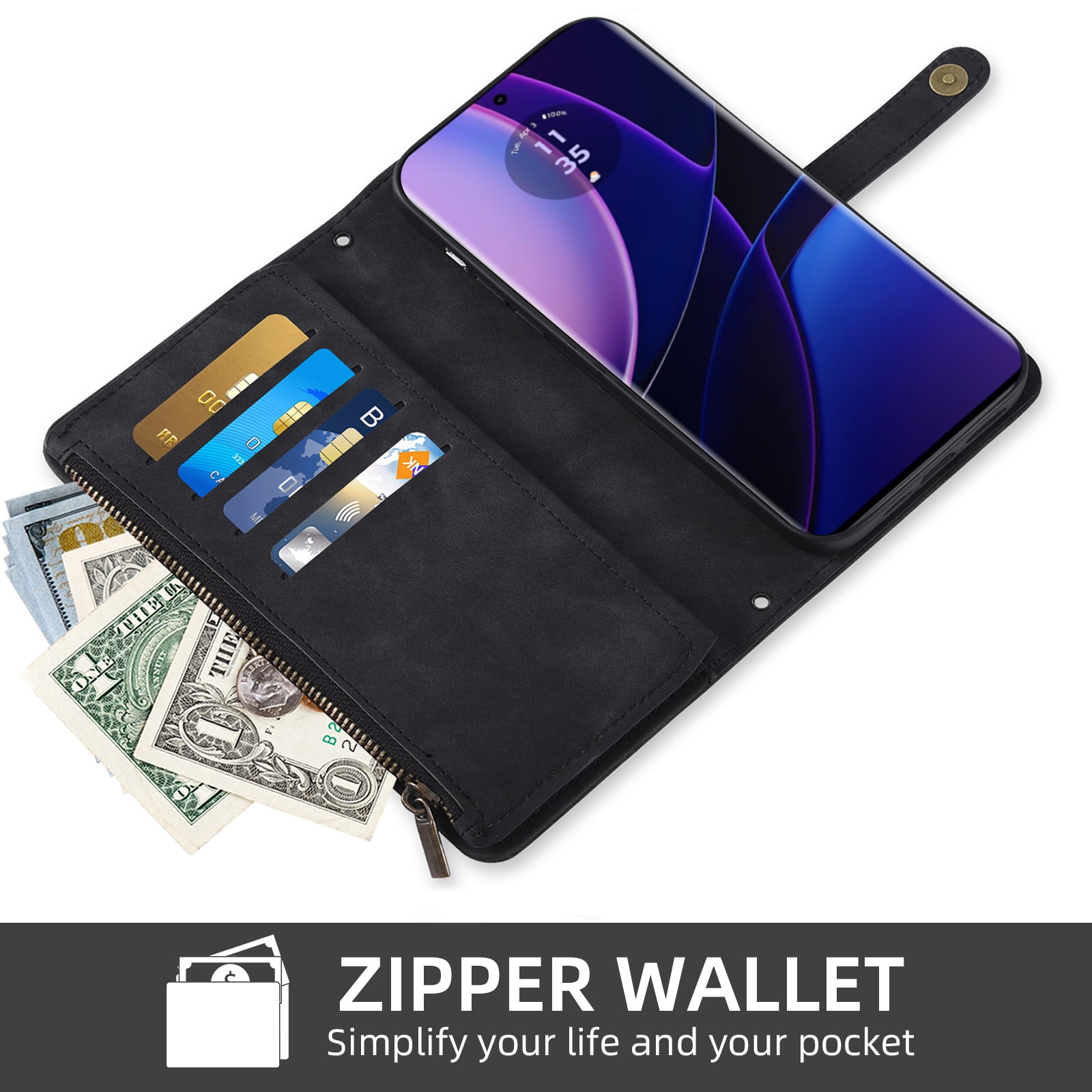 Asuwish Phone Case for Motorola Edge 2023/Edge 40 5G Wallet Cover With Tempered Glass Screen Protector Crossbody Wrist Strap Flip Pattern Zipper Credit Card Holder Cell Moto Edge2023 6.6 Women Black