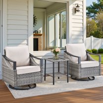 Planntonneo 3 Pieces Wicker Patio Furniture Sets-Swivel Rocker Chairs Set of 2 with Glass Side Table for Porch Deck Balcony Garden, Gray/Beige