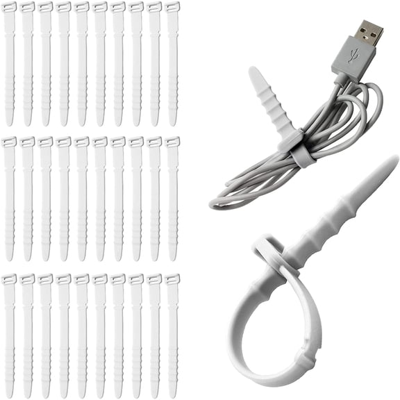 30 Pieces Silicone Zip Ties, 4.5 Inch Reusable Wire Ties Rubber Cable Ties Straps for Charging Cables, USB C Cable, Lightning Cable, Earphone Line Management (White)