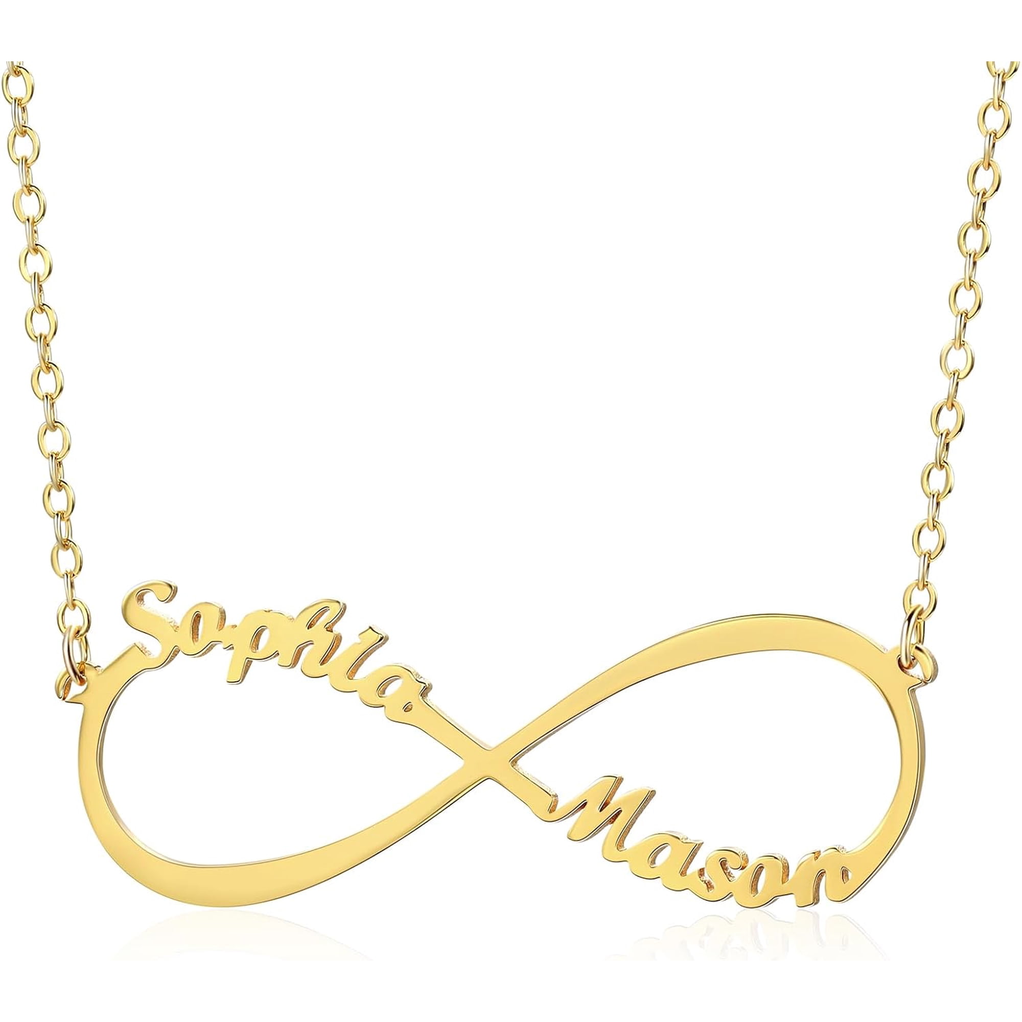 Personalized Infinity Name Necklace with Birthstones | Create an infinity necklace with two engraved names and birthstones, available in silver, gold, or rose gold finishes