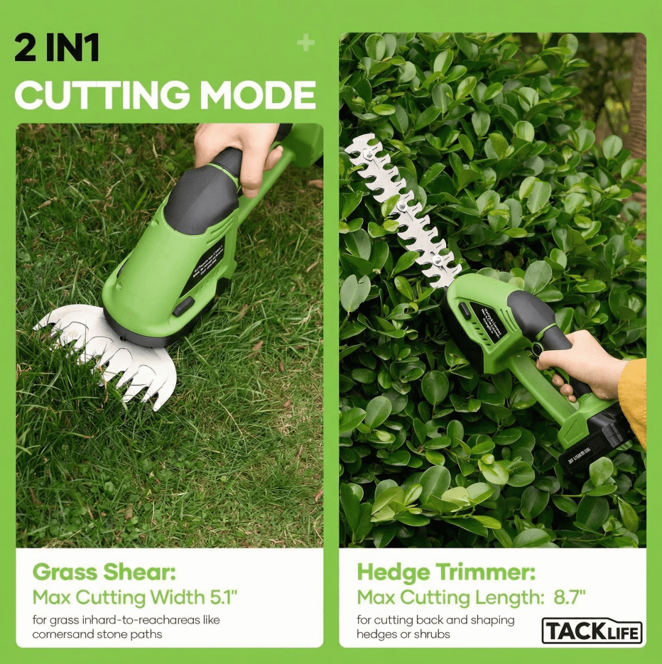 TACKLIFE 20V Cordless Hedge Trimmer & Grass Shear, 2 in 1 Handheld Electric Grass Trimmer with 2.0Ah Battery and Charger, Green