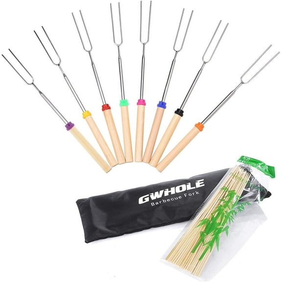 Moncolis 8Pcs Marshmallow Roasting Sticks, 32" Telescoping Metal Barbecue Skewers for Camping BBQ Smores