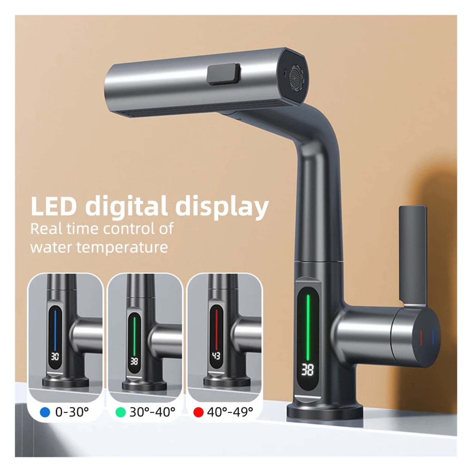 Waterfall Basin Faucet Pull-Out Kitchen & Bathroom Faucet, Rainfall Temperature Digital Display No Battery SUS604 Stainless Steel