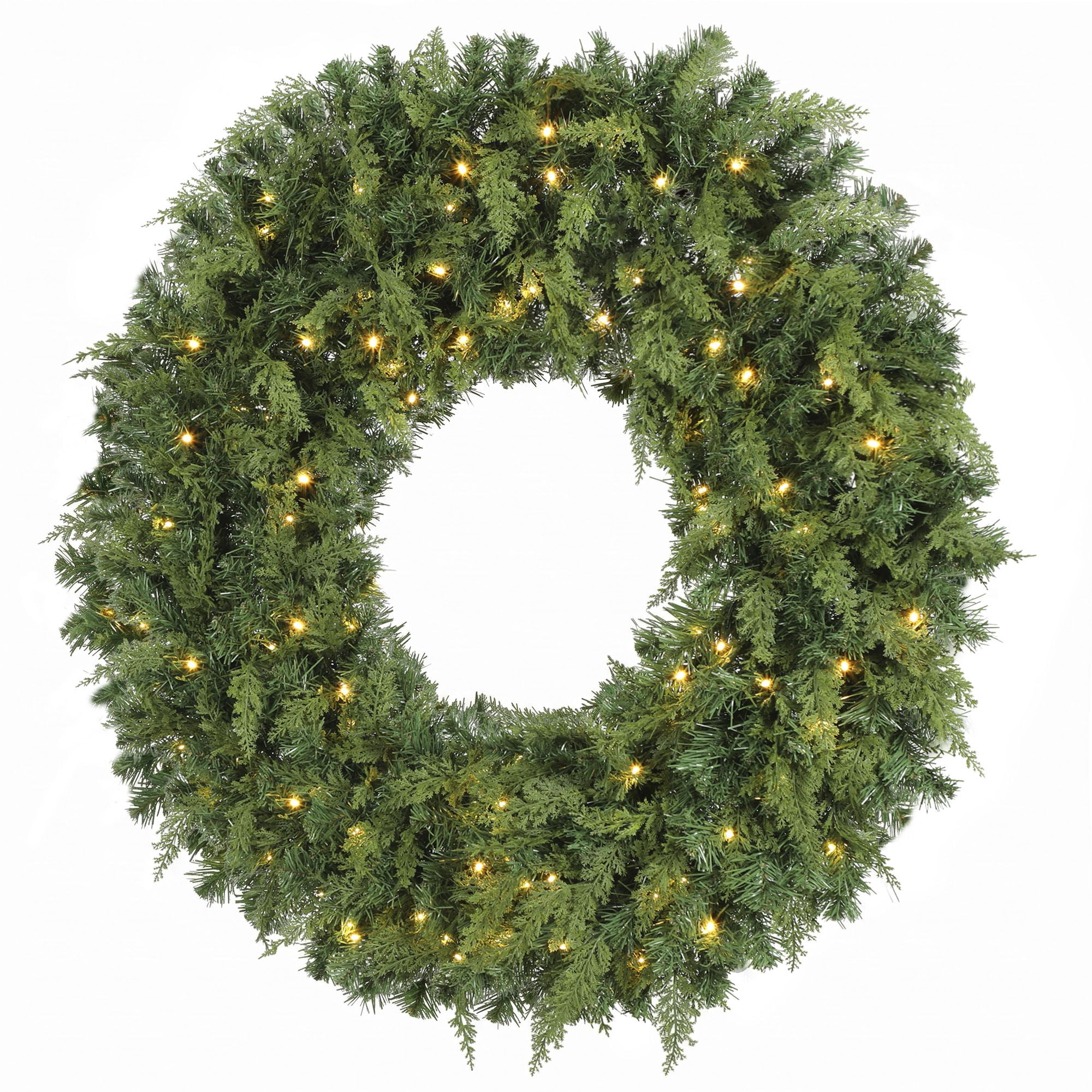 Pre-Lit Artificial Christmas Wreath, 48 in Cedar Design with 150 Warm White LED Lights, 8 Modes, 550 Tips, Indoor and Covered Outdoor Use