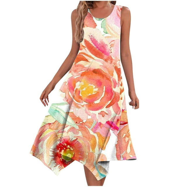 Penkiiy Robes d'Été pour Femmes 2024 Plage Décontractée Sans Manches Imprimé Floral Boho Robe Débardeur Col en V Ample Robe d'Été avec Poche m Orange