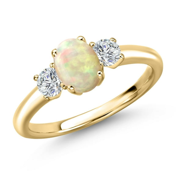 Gem Stone King 10K Yellow Gold White Ethiopian Opal and Lab Grown Diamond Engagement Ring for Women | 0.85 Cttw | Oval Cabochon 7X5MM | Gemstone October Birthstone | Size 6