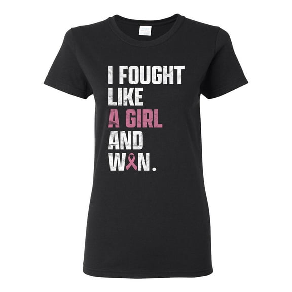 Wild Bobby I Fought Like A Girl and Won Breast Cancer Awareness Women Graphic Tee, Black, Small