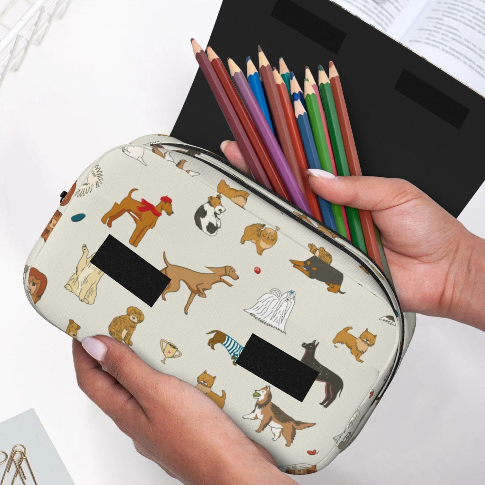 Rateoe Dogs Funny Pets Pattern Double Clamshell Pen Case, Storage Organizer with Two Zipper Compartments– Holds Up to 50 Pencils & Pens