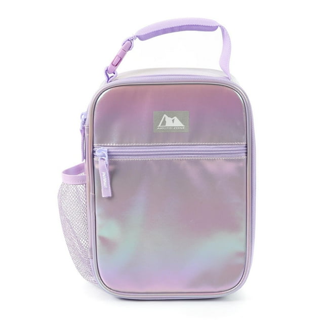 Arctic Zone Upright Lunch Bag in iridescent lavender with a front zippered pocket, padded handle with attachable Swing Clip, and side mesh pocket. It features high density thermal insulation and a hard liner interior with adjustable divider to keep foods separated, suitable for carrying cold meals and snacks.