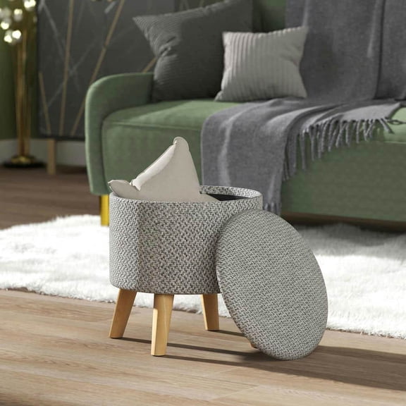 Spaco Round Ottoman Stool with Hidden Space and Wood Legs, Linen Upholstered Foot Stool with Padded Seat for Indoor as Living Room, Entryway, Light Gray