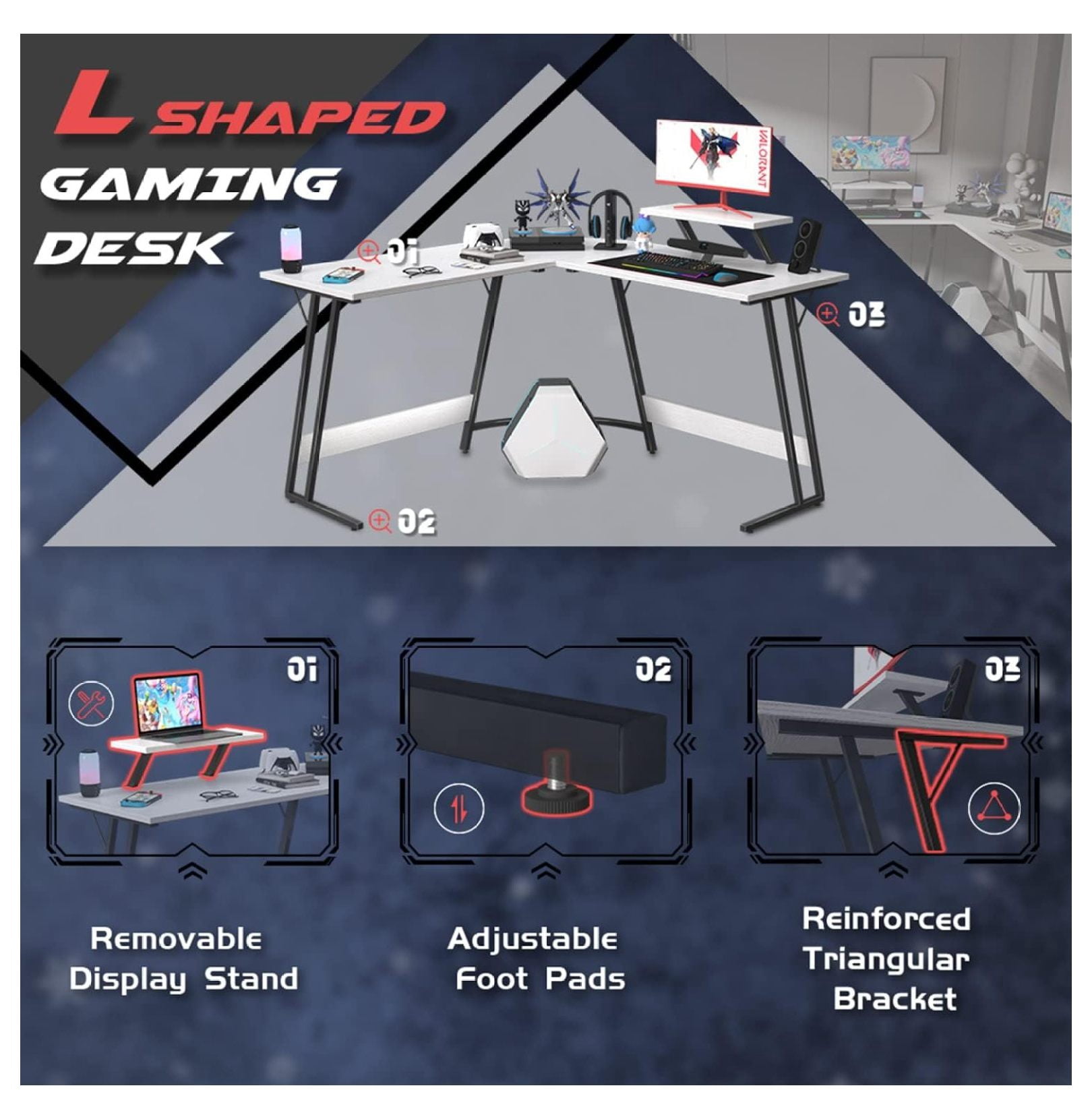 SONGMY L Shaped Gaming Desk Computer Corner Desk PC Gaming Desk Table with Large Monitor Riser Stand for Home Office Sturdy Writing Workstation (Classical White, 51 Inch)