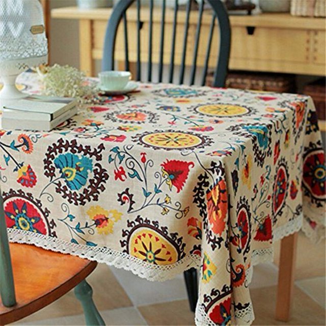 Mantel de encaje vintage con diseño de girasoles y lino bordado (90 x 90 cm)