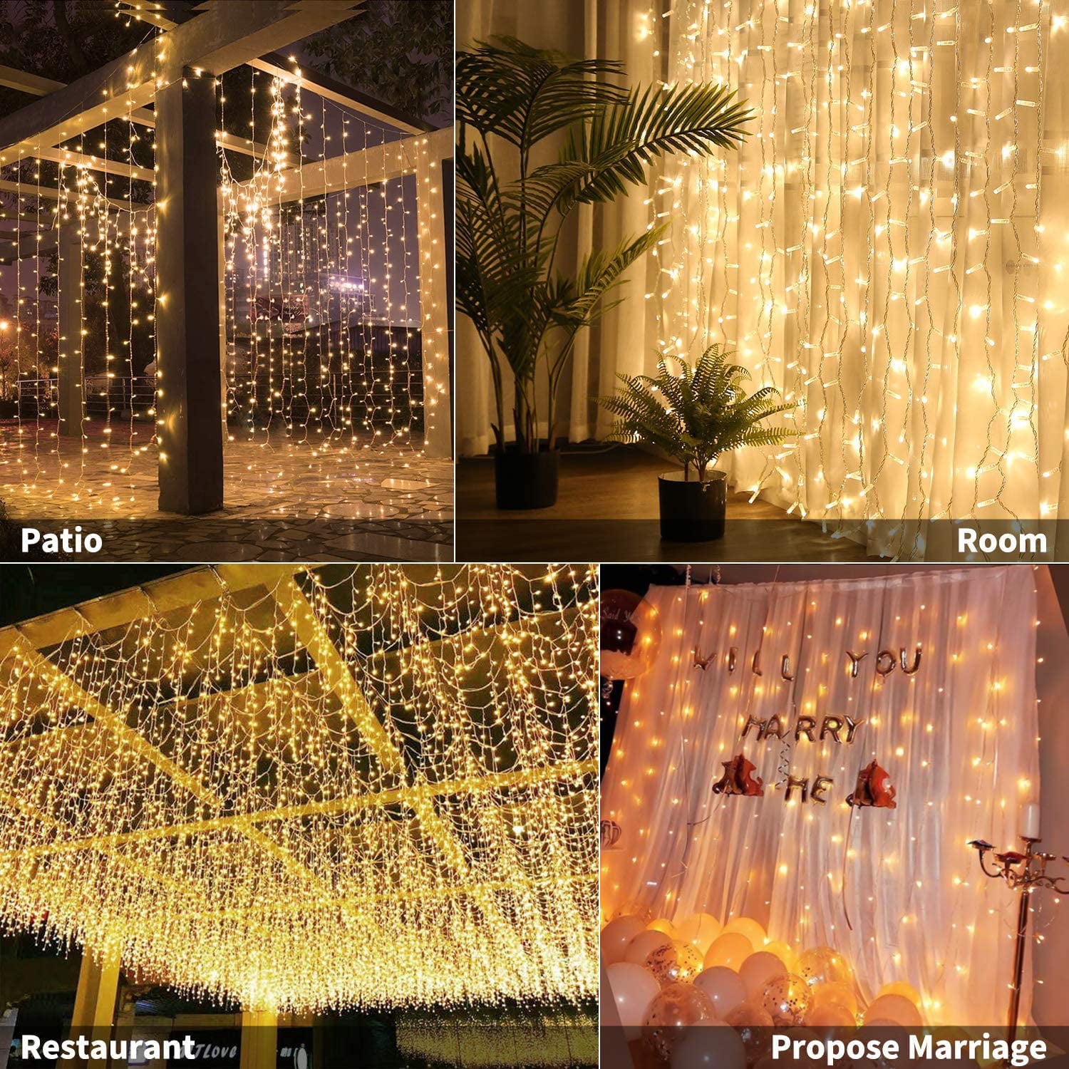 Fairy Curtain Lights 300LED 8Modes Curtain String Light Hanging Light Lamp Decor 
