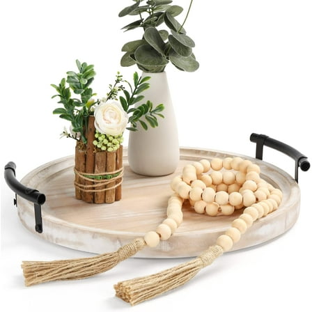 Round Wood Tray/w Wood Bead Garland - 13" Decorative Trays for Home Decor - Round Wooden Tray with Handles - Circle Trays for Home Decor